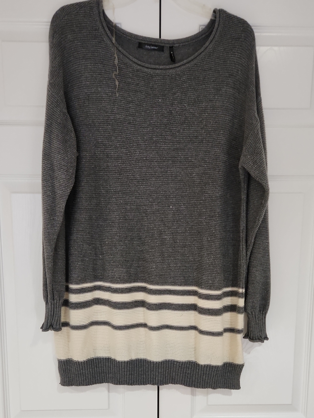 Daisy Fuentes Charcoal Crewneck Sweater with Cream Striped Hem